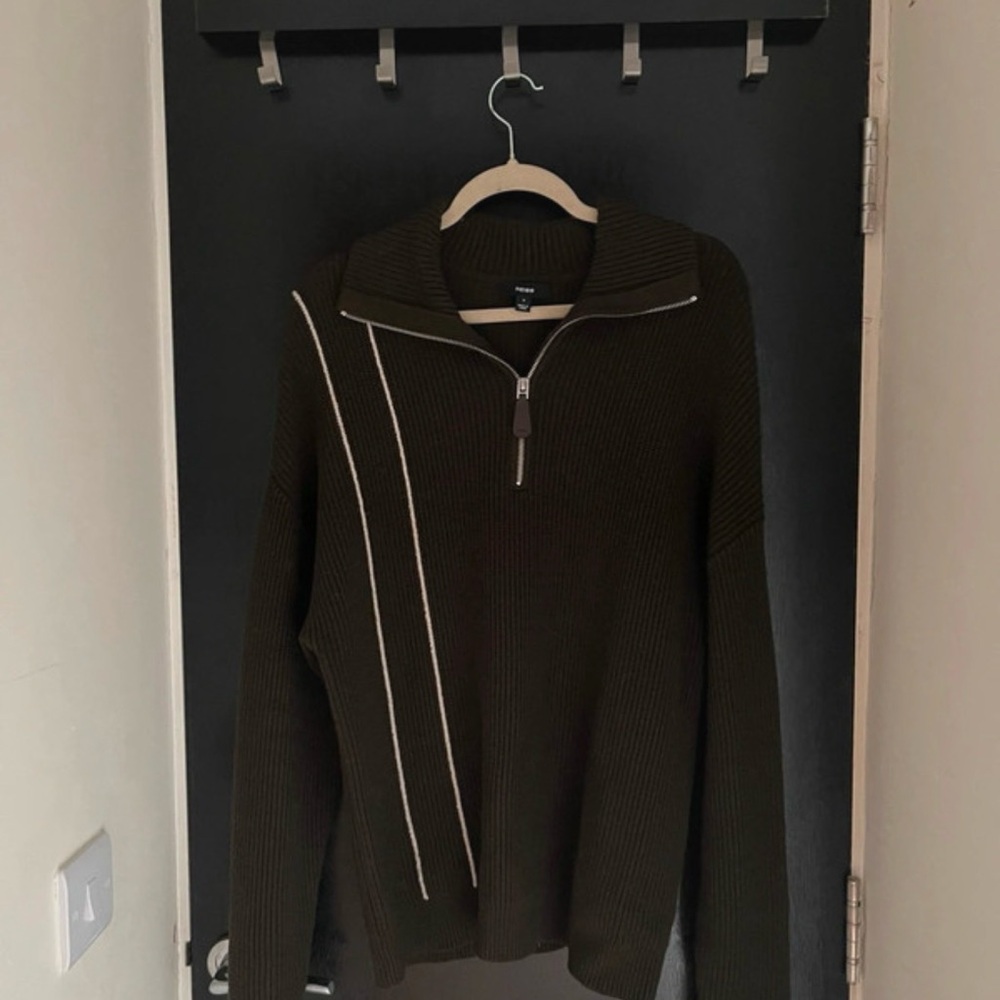 REISS Deep Green Ribbed Half-Zip Knit Sweater | Modern Varsity Stripe | Size S